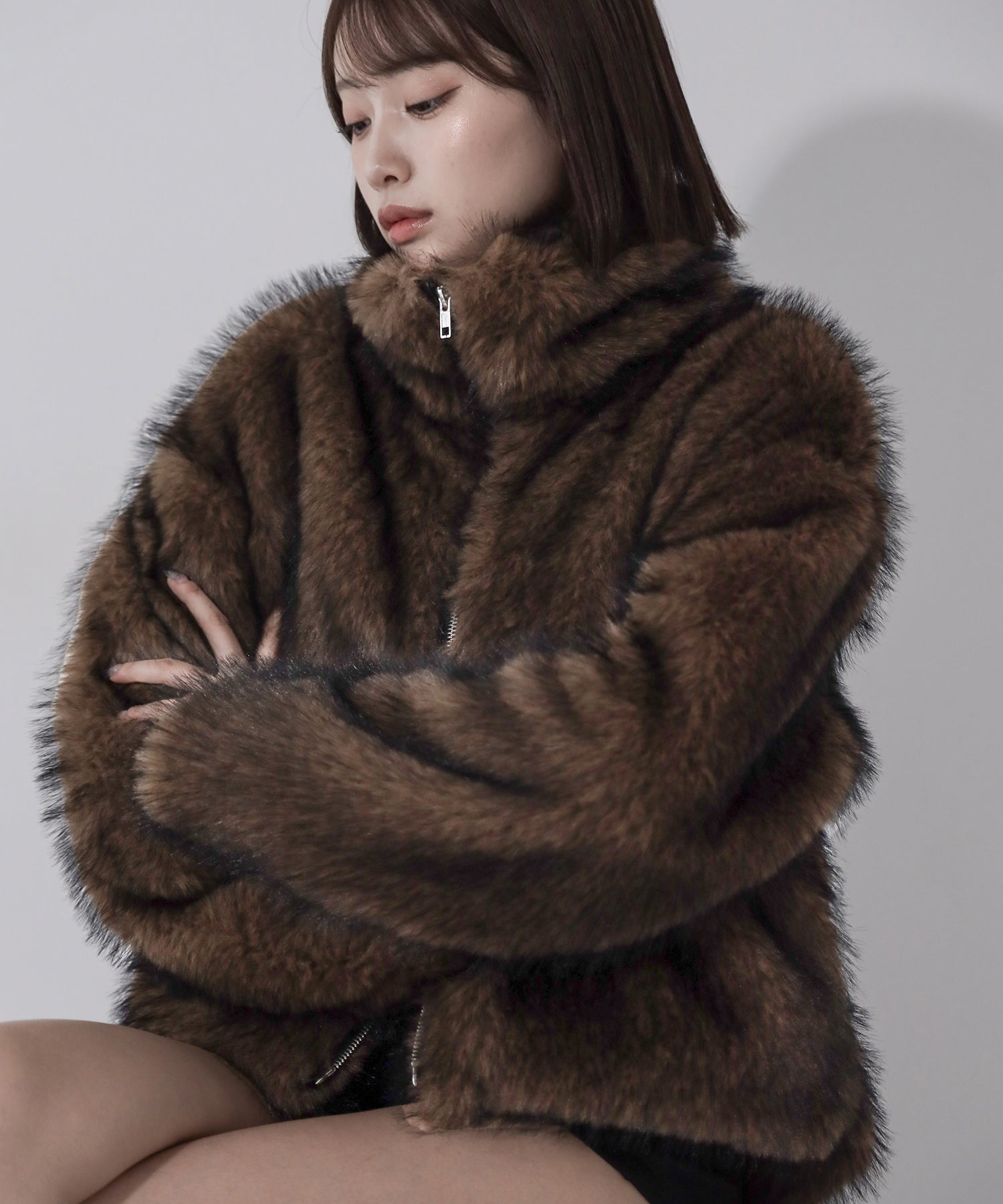 ダブルジップスタンドカラーミックスファージャケット / double zip stand collar mix fur jacket