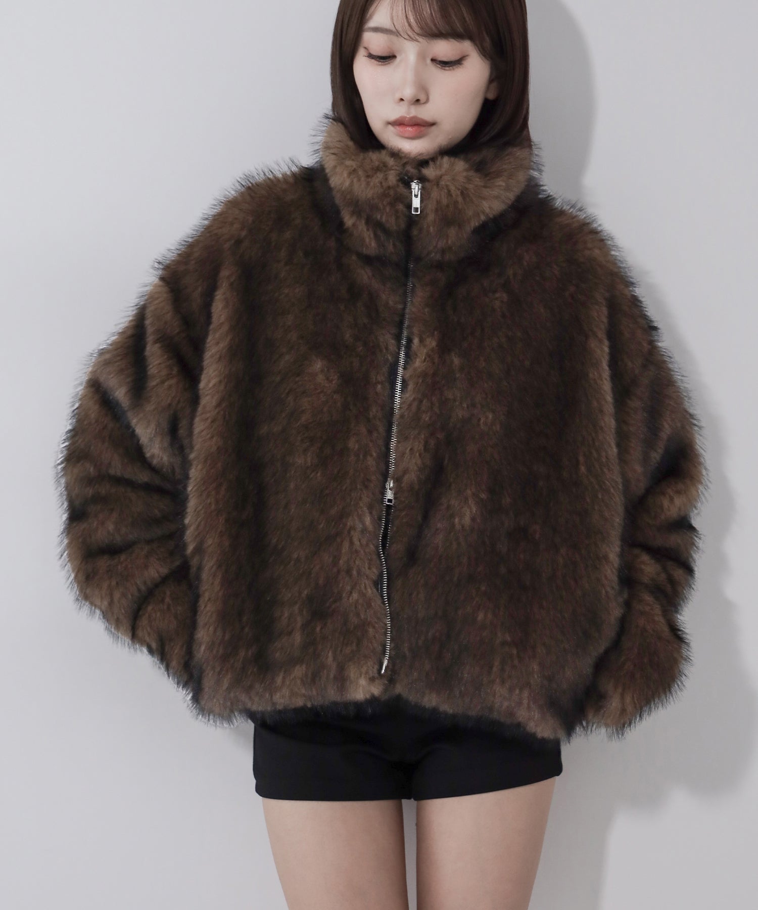 ダブルジップスタンドカラーミックスファージャケット / double zip stand collar mix fur jacket