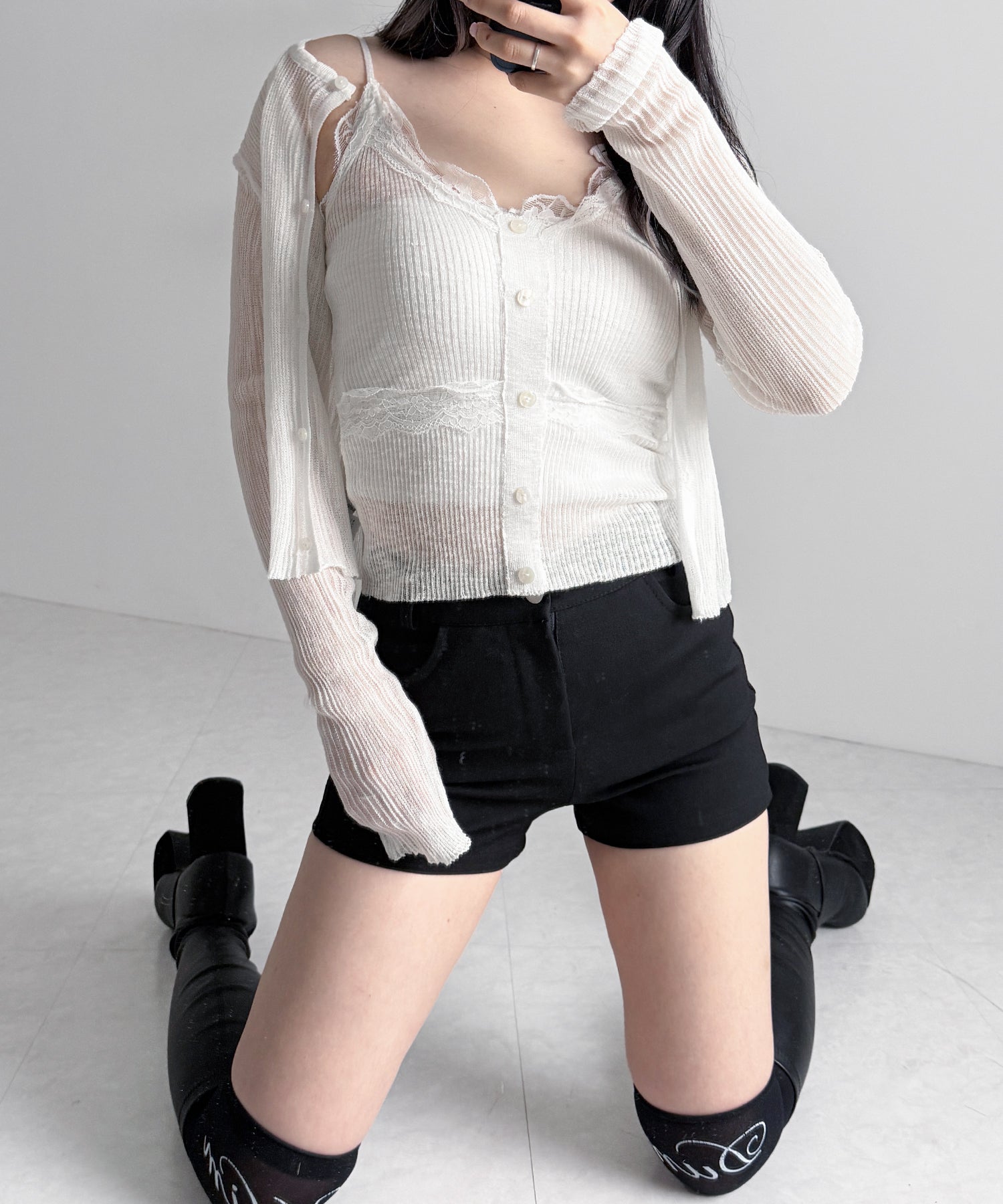 【 2点セット 】フロントレースシアーニットキャミソール +カーディガン SET / front lace sheer knit camisole + cardigan set