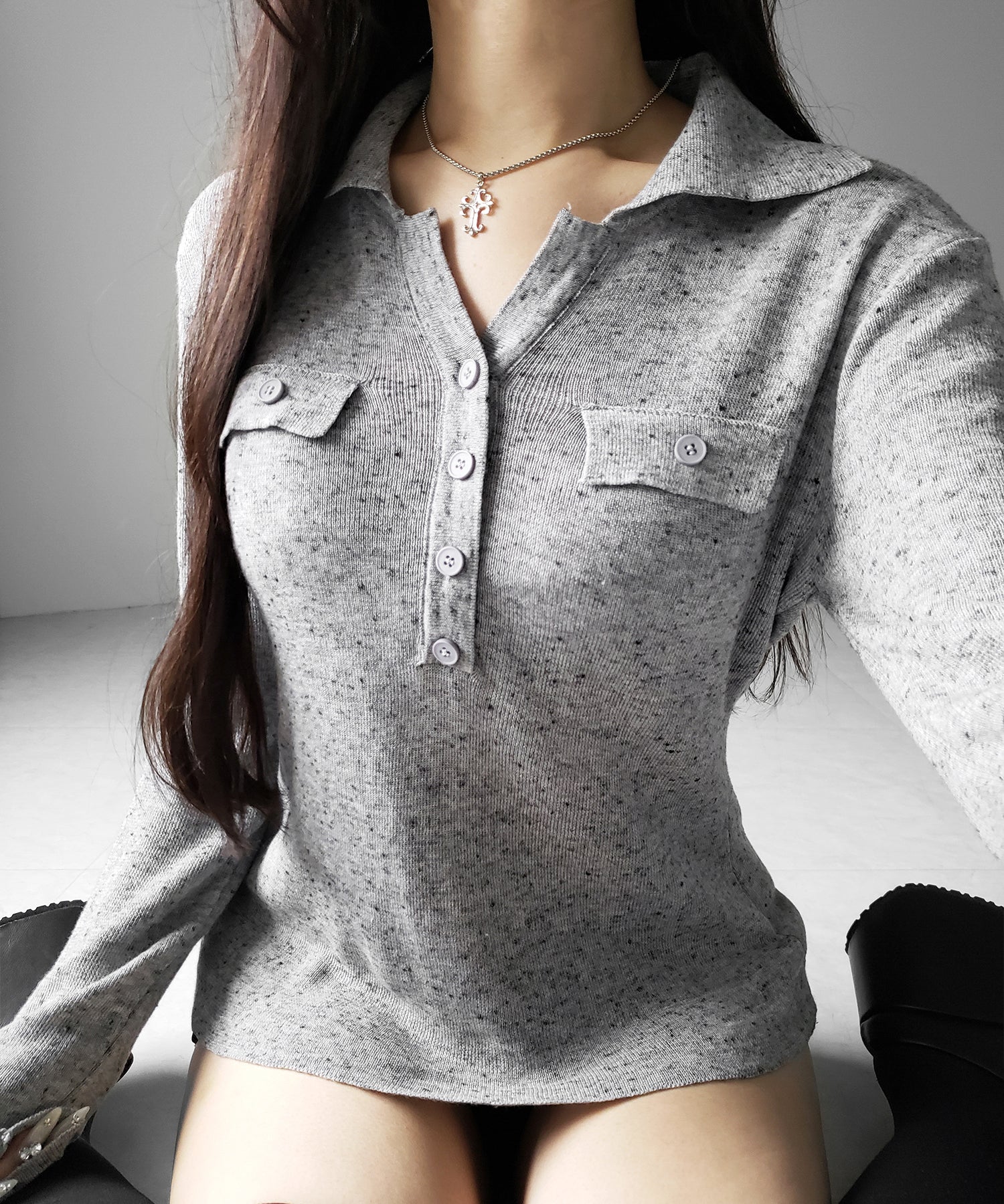 スキッパーボタン長袖ロングニットトップス / skipper button long sleeve long sheer knit tops