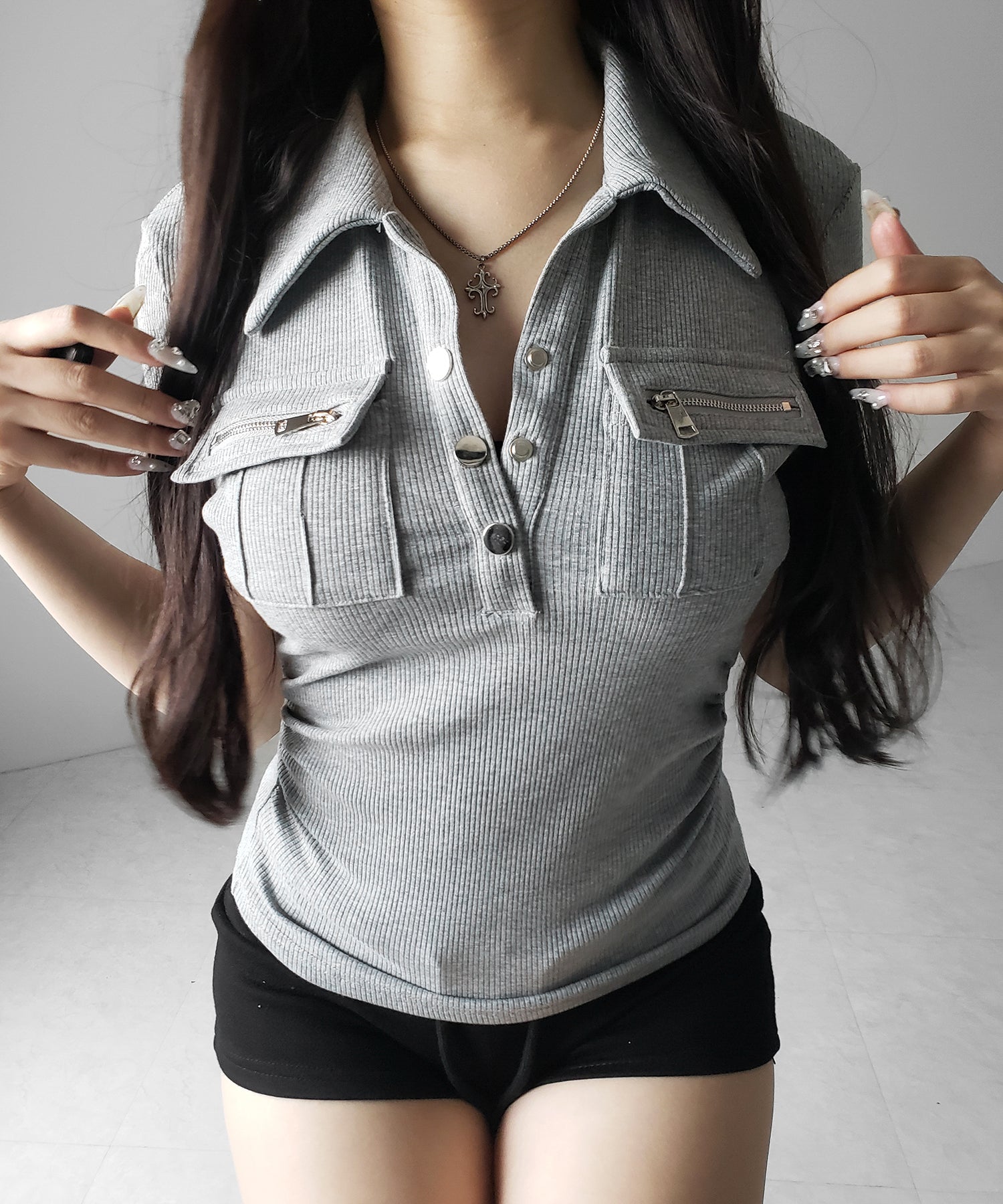 アウトポケットポロネックリブカットソートップス / out pocket polo neck rib cutsew tops