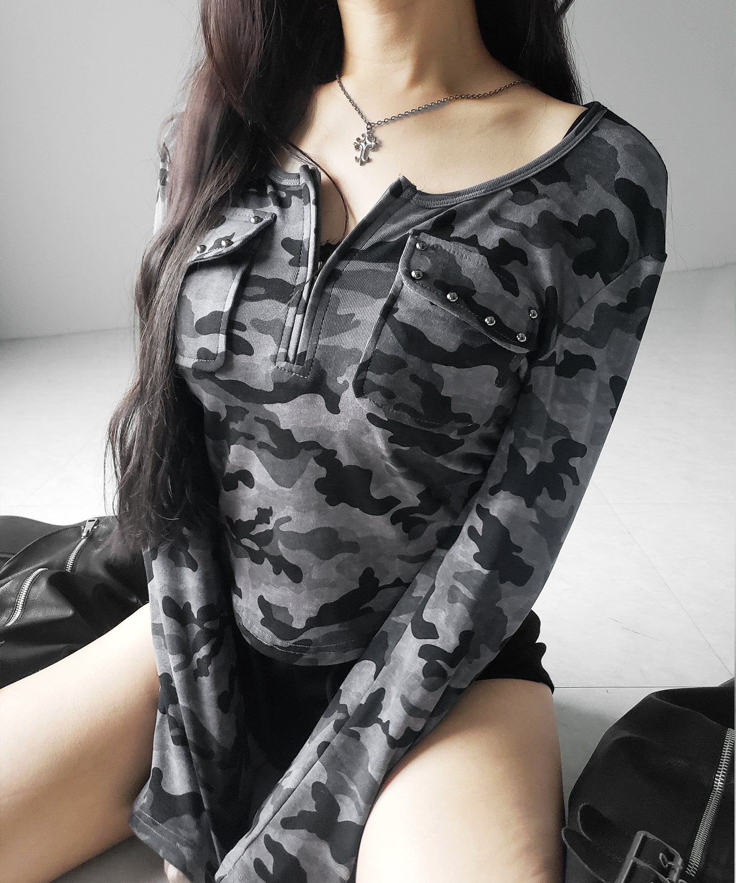 ヴィンテージカモフラアウトポケットジップロンT / vintage camouflage out pocket zip longsleeve T-shirt