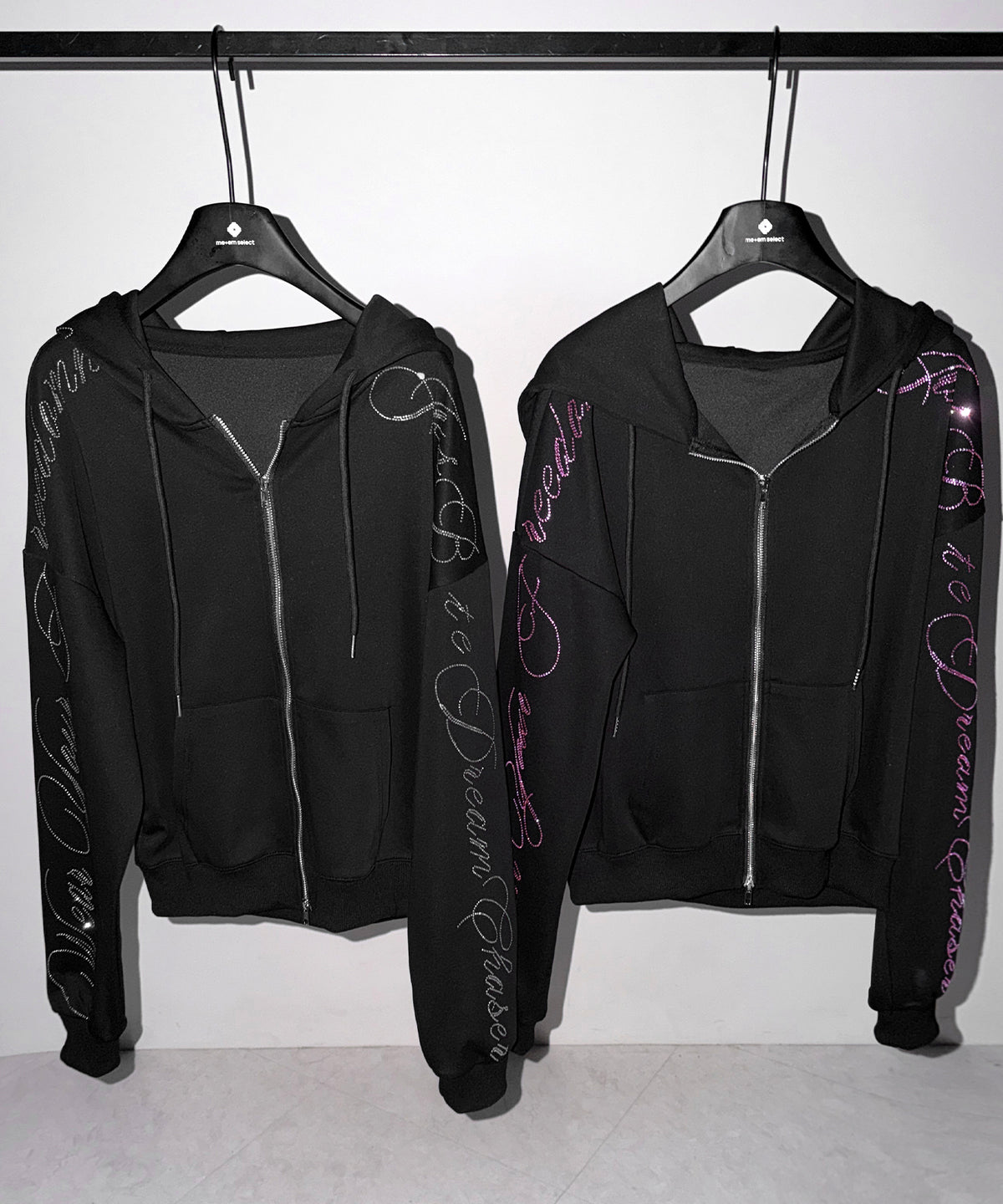 【 セットアップ可能 】ラインストーンロゴダブルジップパーカー / Rhine stone logo double zip hoodie