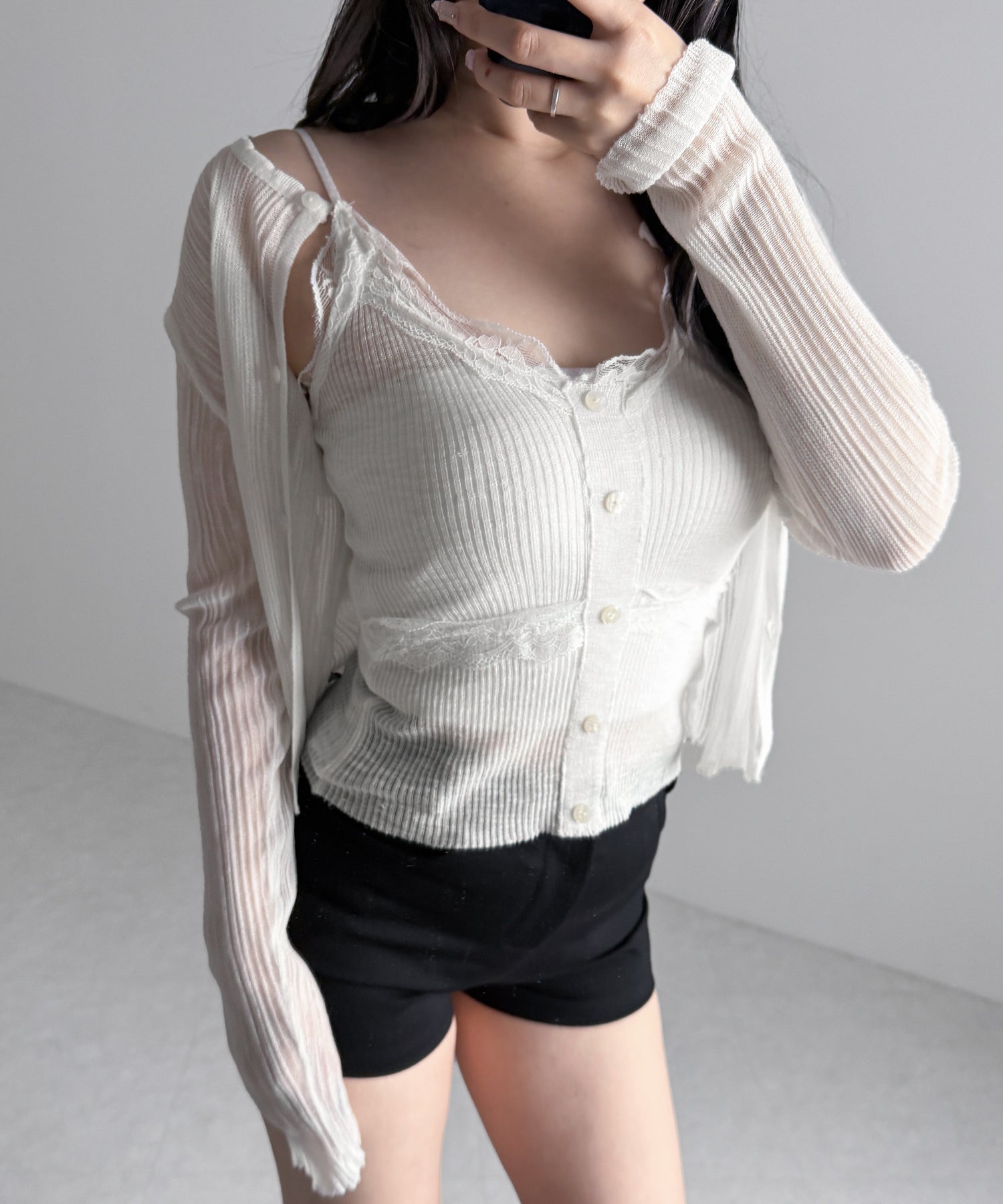 【 2点セット 】フロントレースシアーニットキャミソール +カーディガン SET / front lace sheer knit camisole + cardigan set