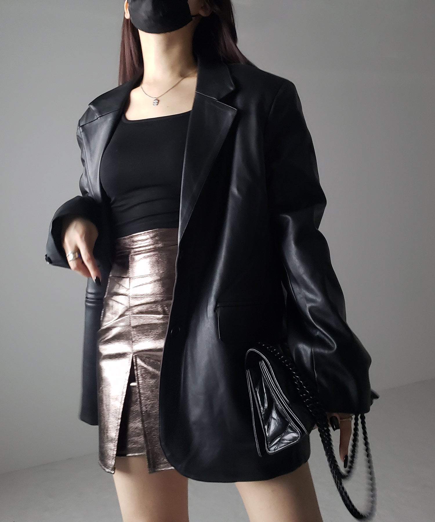 3タックメタリックスリットハイウエストタイトミニスカート