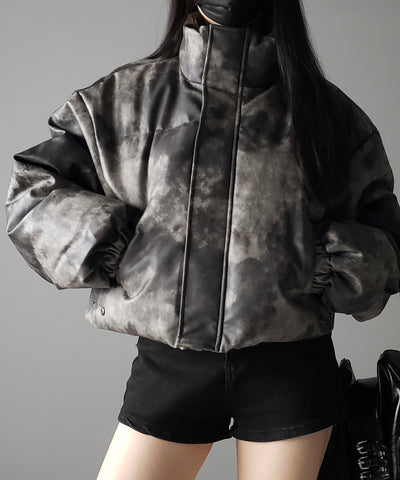 ヴィンテージタイダイフェイクレザーショートダウンジャケット / vintage tyedye fake leather short down jacket