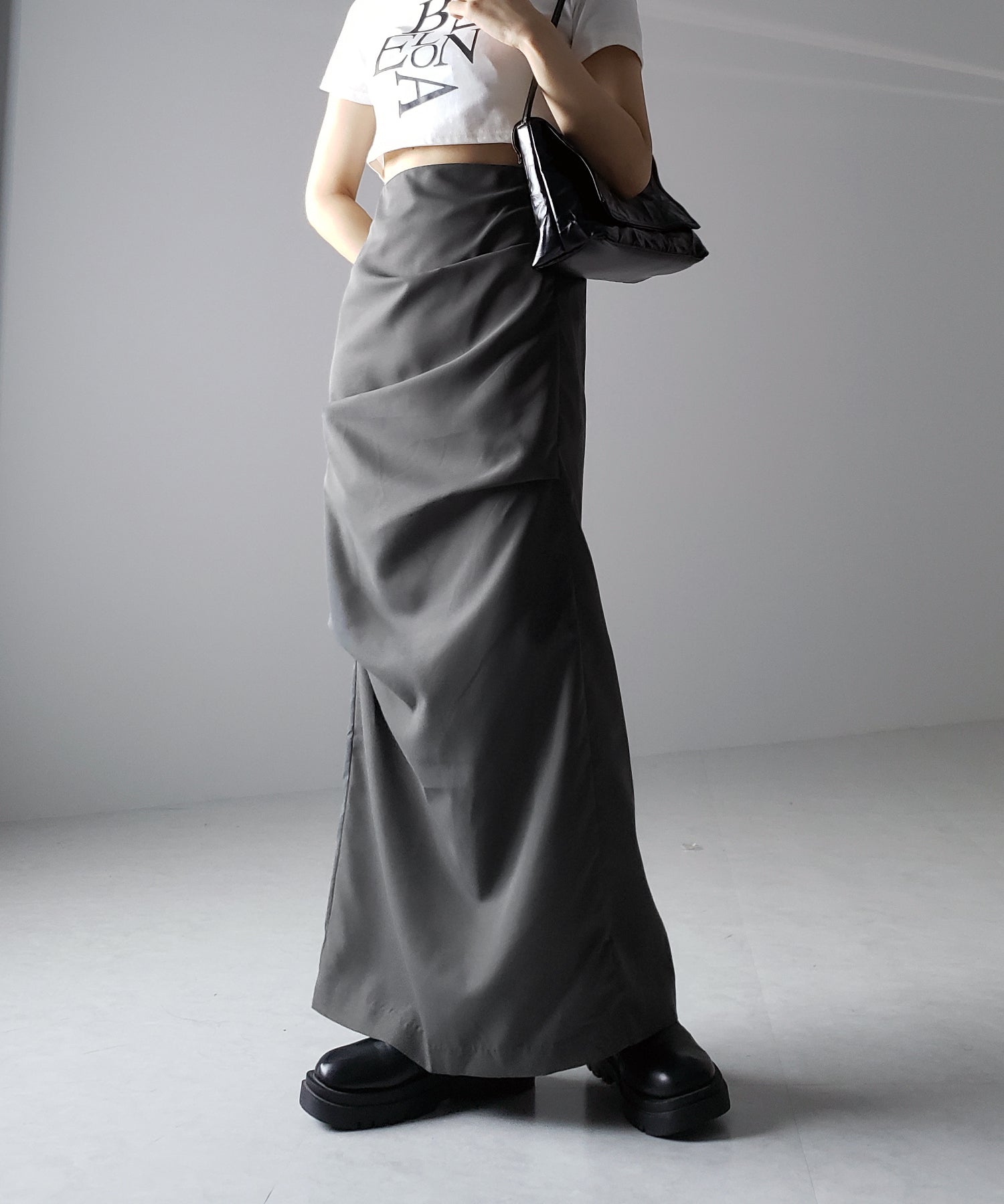 【 3size / 5color 】タックデザインハイウエストスリットロングスカート