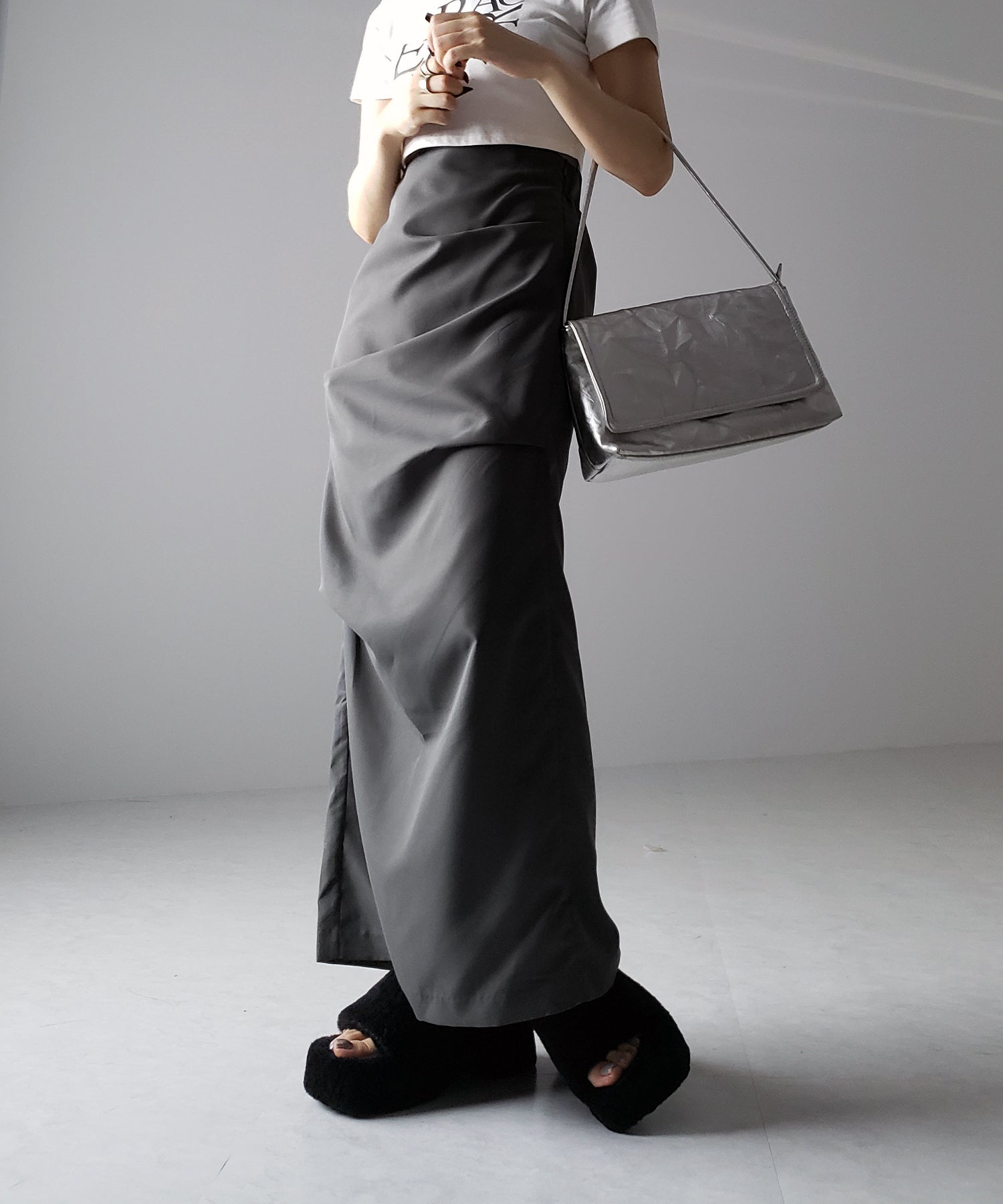 【 3size / 5color 】タックデザインハイウエストスリットロングスカート