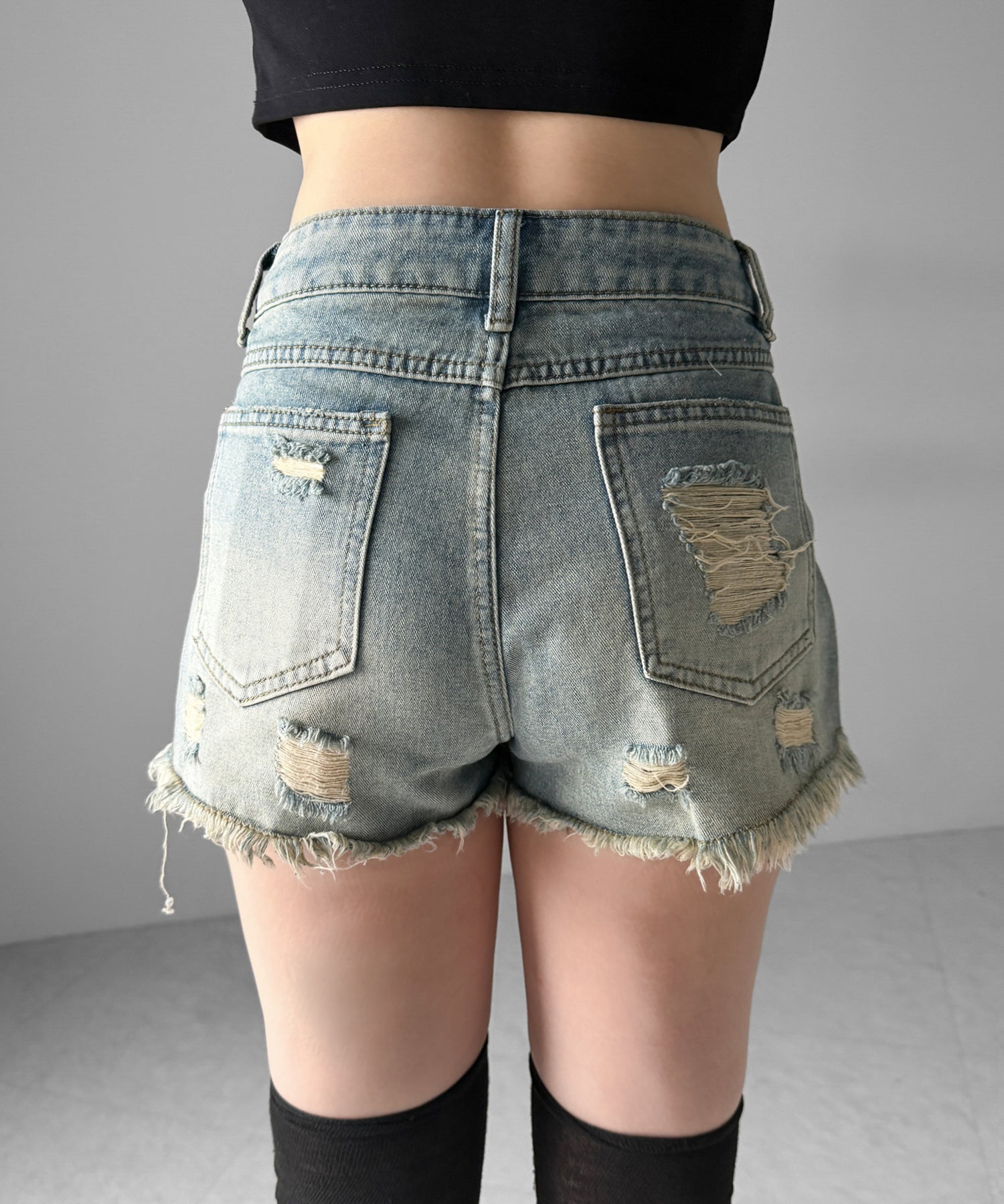 クラッシュダメージダブルフリンジデニムショートパンツ/crash damage double fringe denim short pants