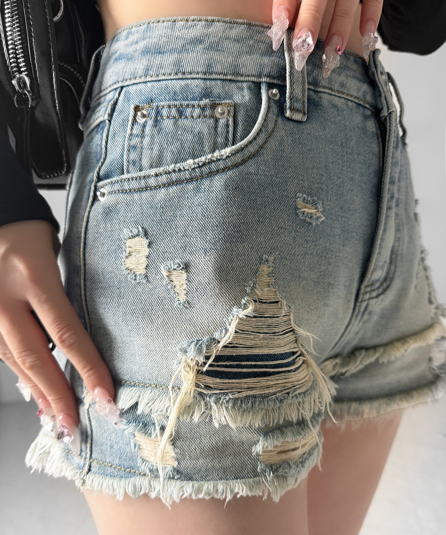 クラッシュダメージダブルフリンジデニムショートパンツ/crash damage double fringe denim short pants