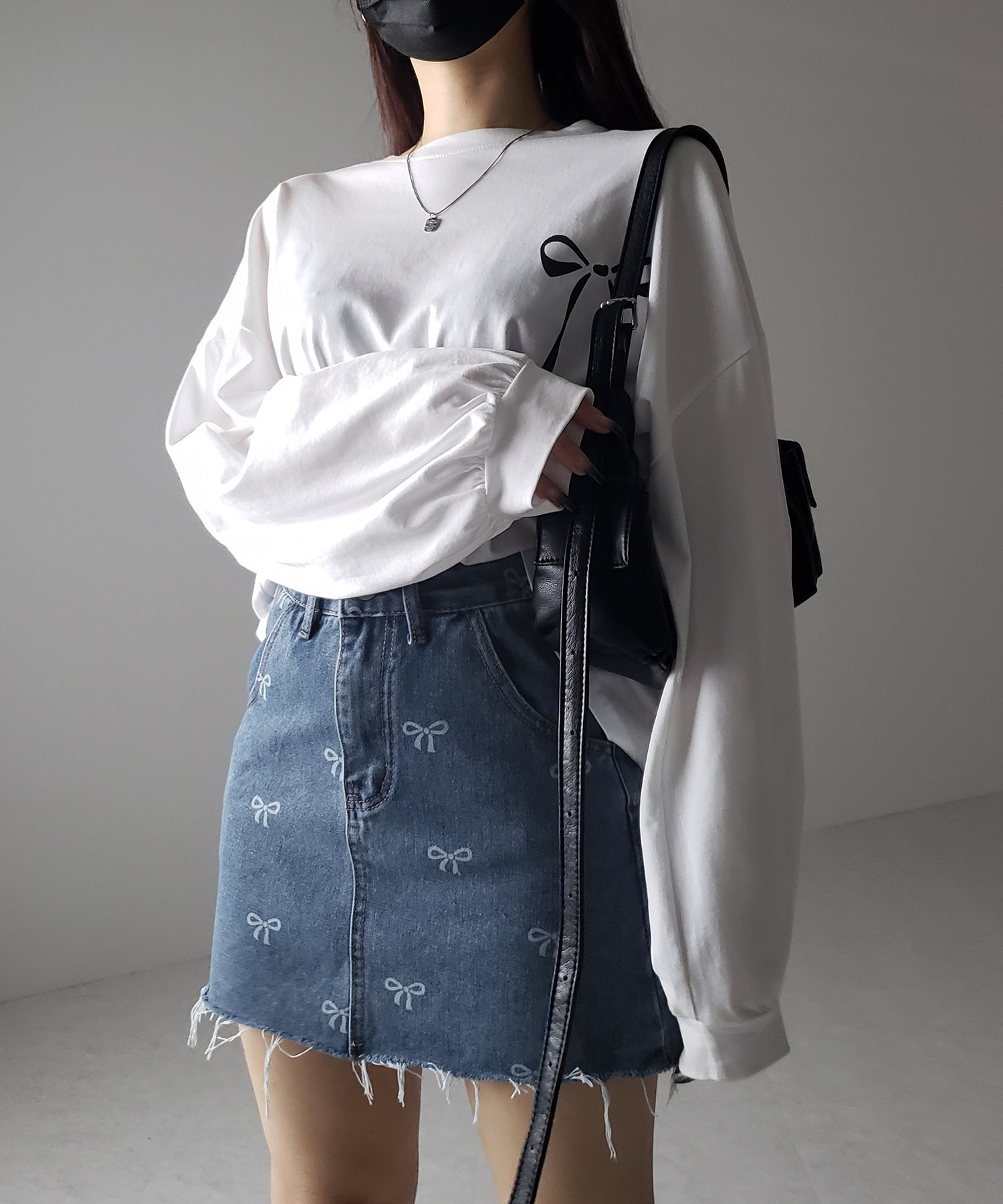 【 インパン裏地付き 】リボンプリントダメージデニムミニスカート / ribbon print damage denim mini skirt