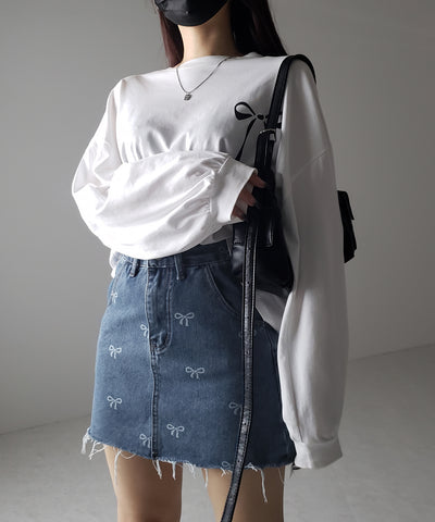 【 インパン裏地付き 】リボンプリントダメージデニムミニスカート / ribbon print damage denim mini skirt