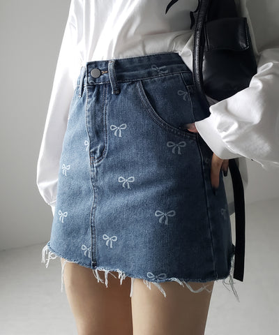 【 インパン裏地付き 】リボンプリントダメージデニムミニスカート / ribbon print damage denim mini skirt