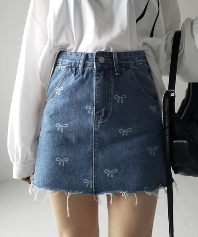 【 インパン裏地付き 】リボンプリントダメージデニムミニスカート / ribbon print damage denim mini skirt
