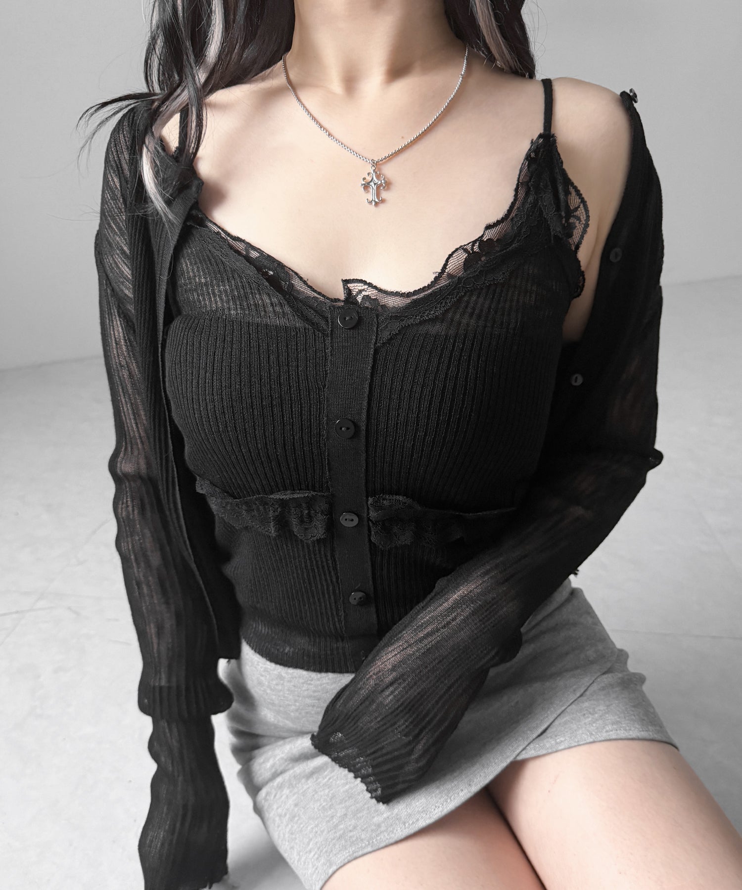 【 2点セット 】フロントレースシアーニットキャミソール +カーディガン SET / front lace sheer knit camisole + cardigan set