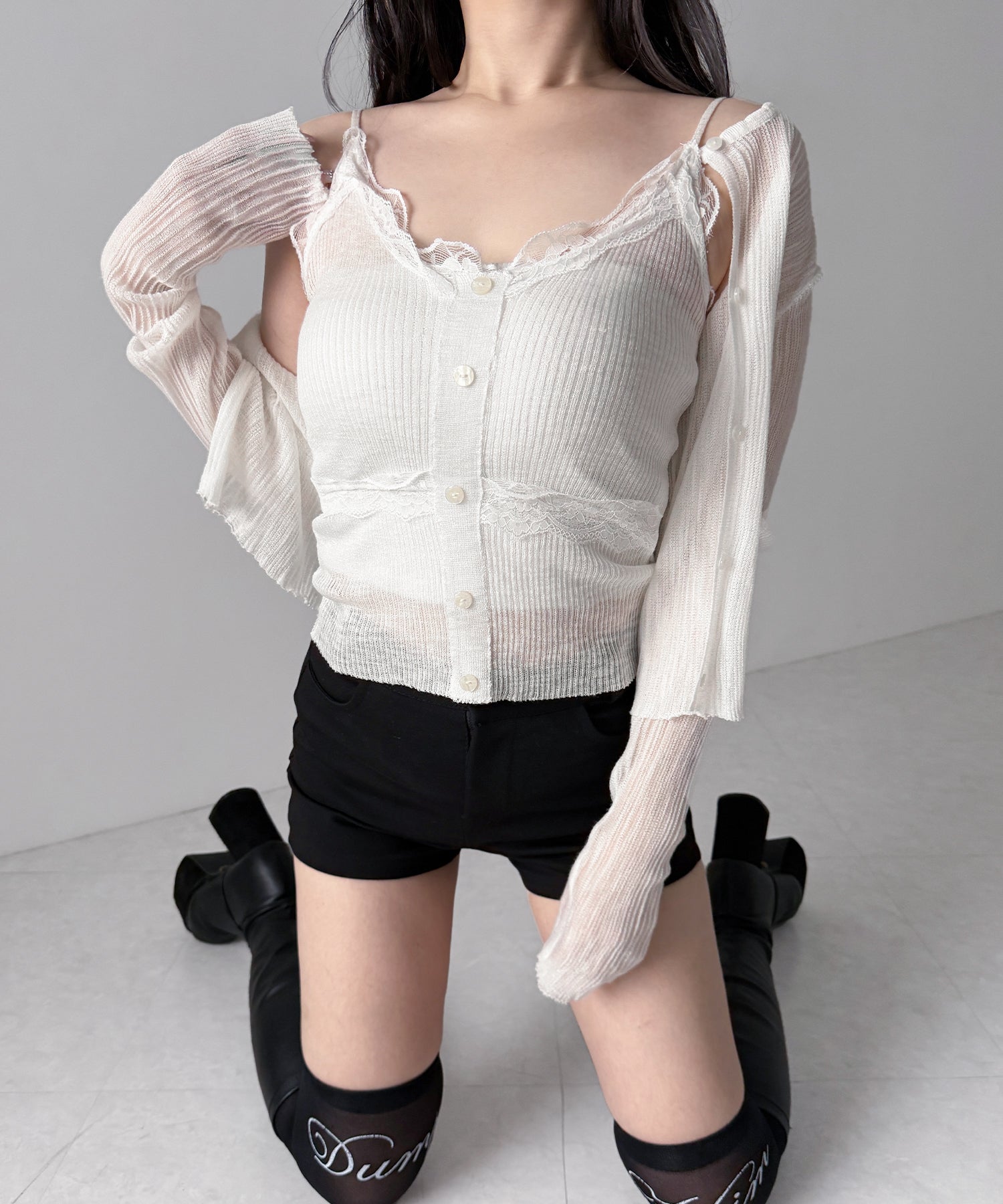 【 2点セット 】フロントレースシアーニットキャミソール +カーディガン SET / front lace sheer knit camisole + cardigan set