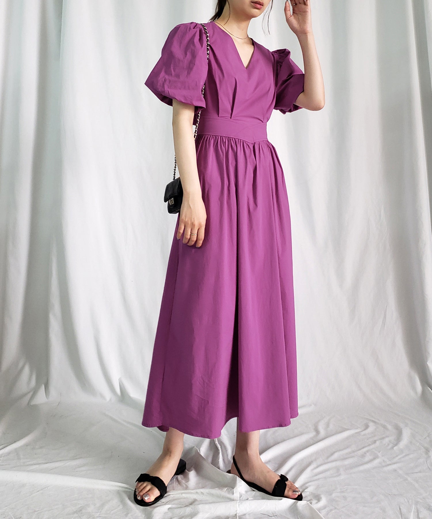【 5COLOR 】ボリュームスリーブカットアウトバックリボンワンピース