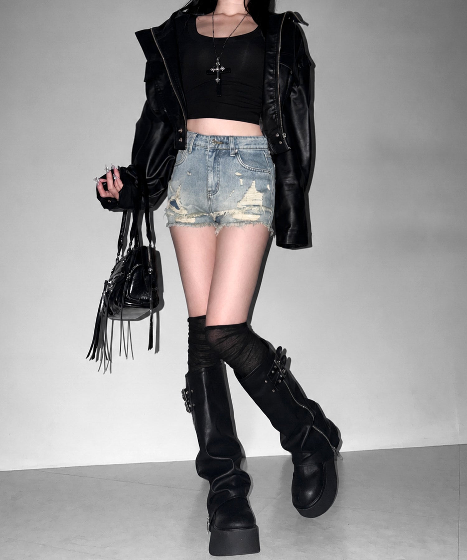 クラッシュダメージダブルフリンジデニムショートパンツ/crash damage double fringe denim short pants