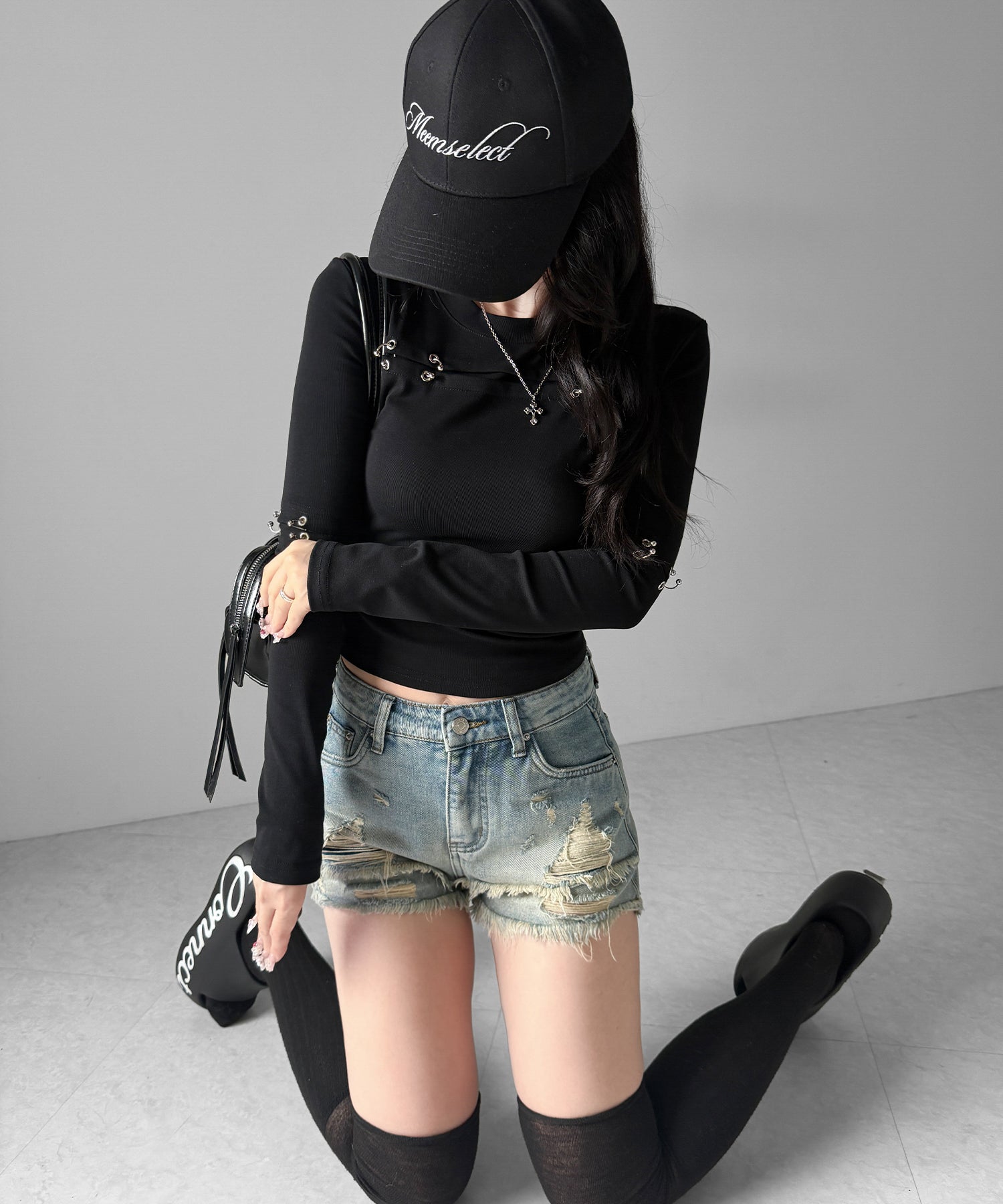 クラッシュダメージダブルフリンジデニムショートパンツ/crash damage double fringe denim short pants