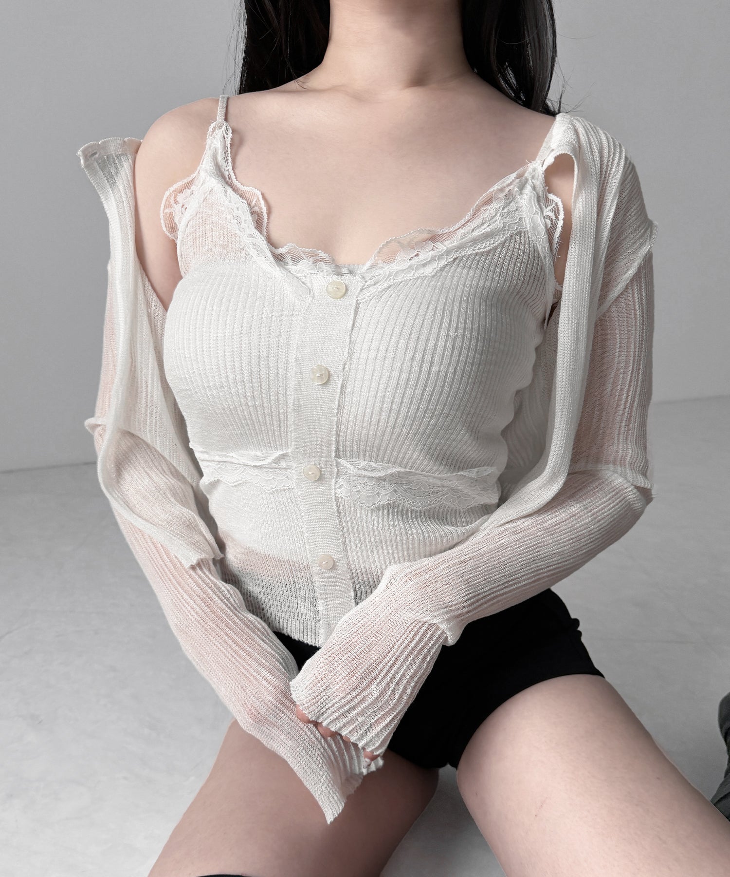【 2点セット 】フロントレースシアーニットキャミソール +カーディガン SET / front lace sheer knit camisole + cardigan set