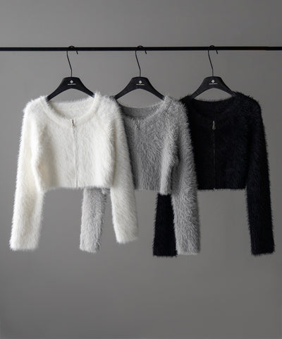 フロントジップショートシャギーニットカーディガン / front zip short shaggy knit cardigan