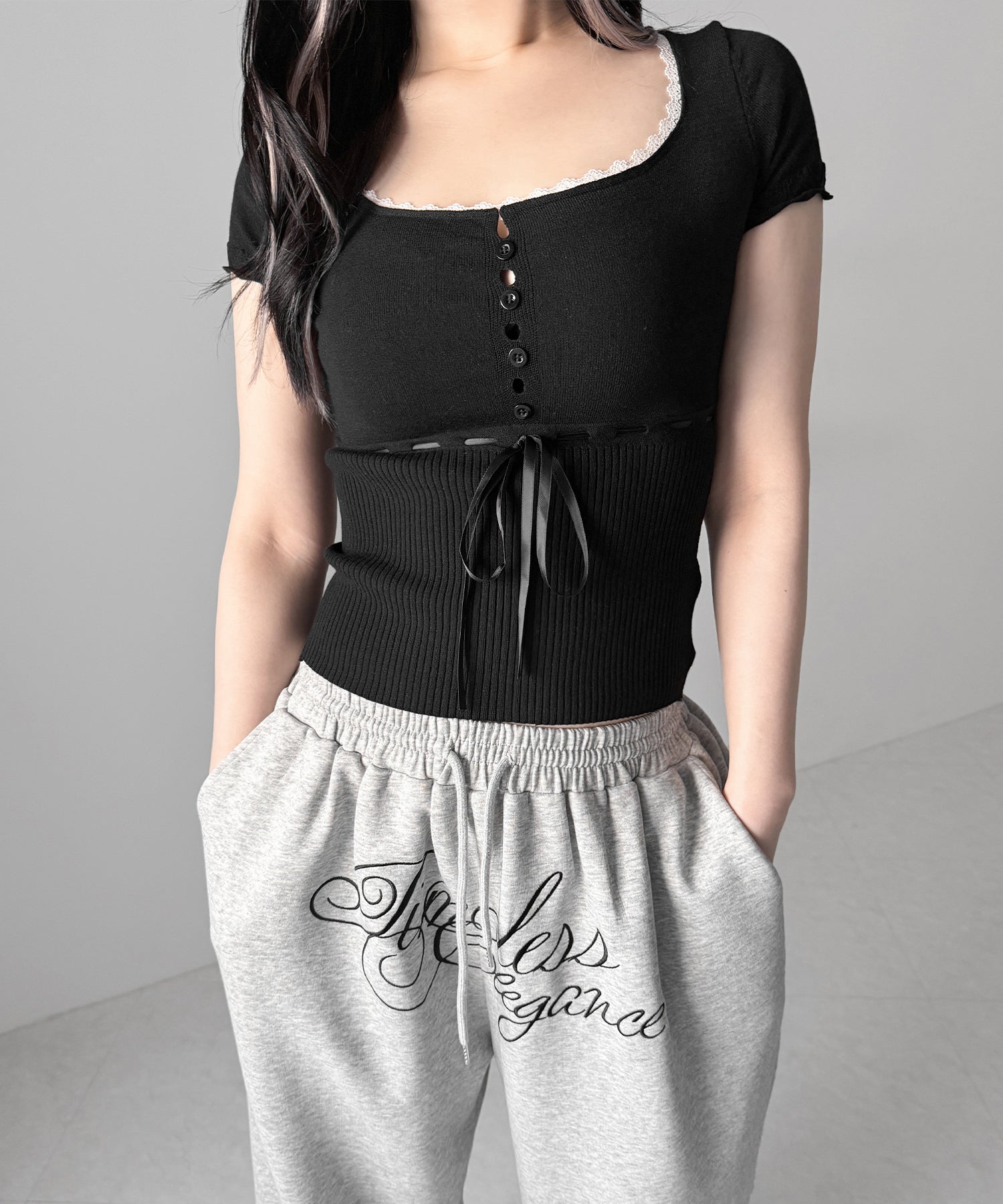 フロントリボンスクエア半袖ニットトップス / front ribbon square short sleeve knit tops