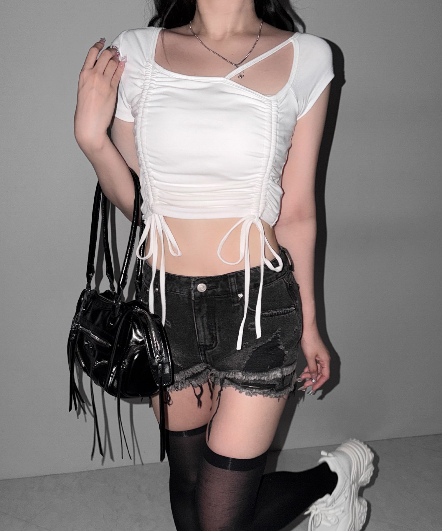 クラッシュダメージダブルフリンジデニムショートパンツ/crash damage double fringe denim short pants