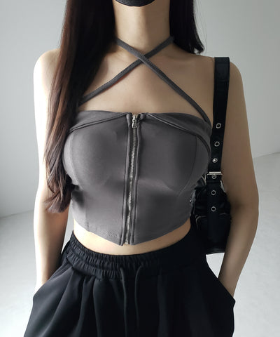 【 カップ付 】ジップアップクロスストラップリボンベアトップス / zip up cross strap ribbon bare tops