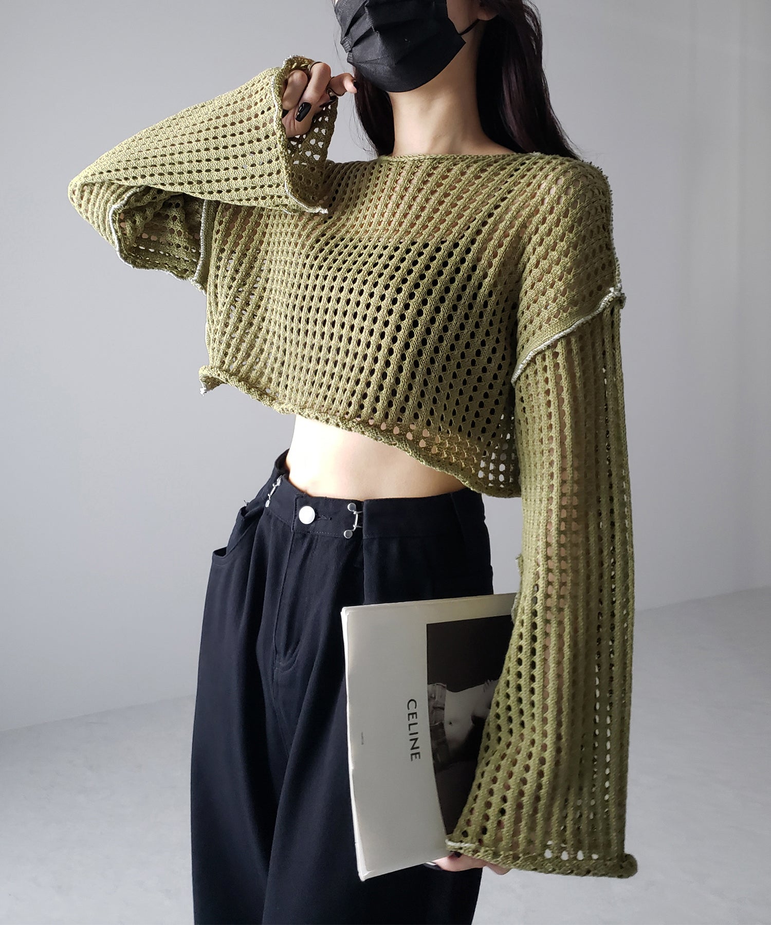 【 6color 】ワイドスリーブステッチクロシェショートニット