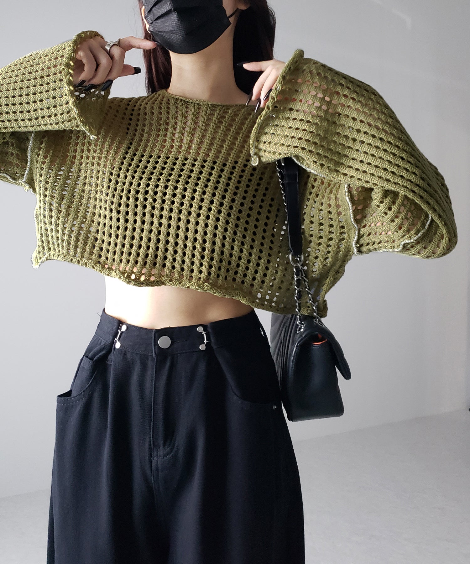 【 6color 】ワイドスリーブステッチクロシェショートニット