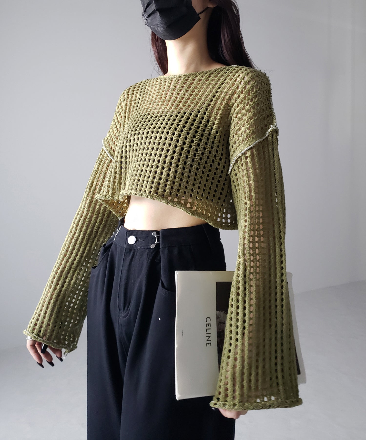 【 6color 】ワイドスリーブステッチクロシェショートニット