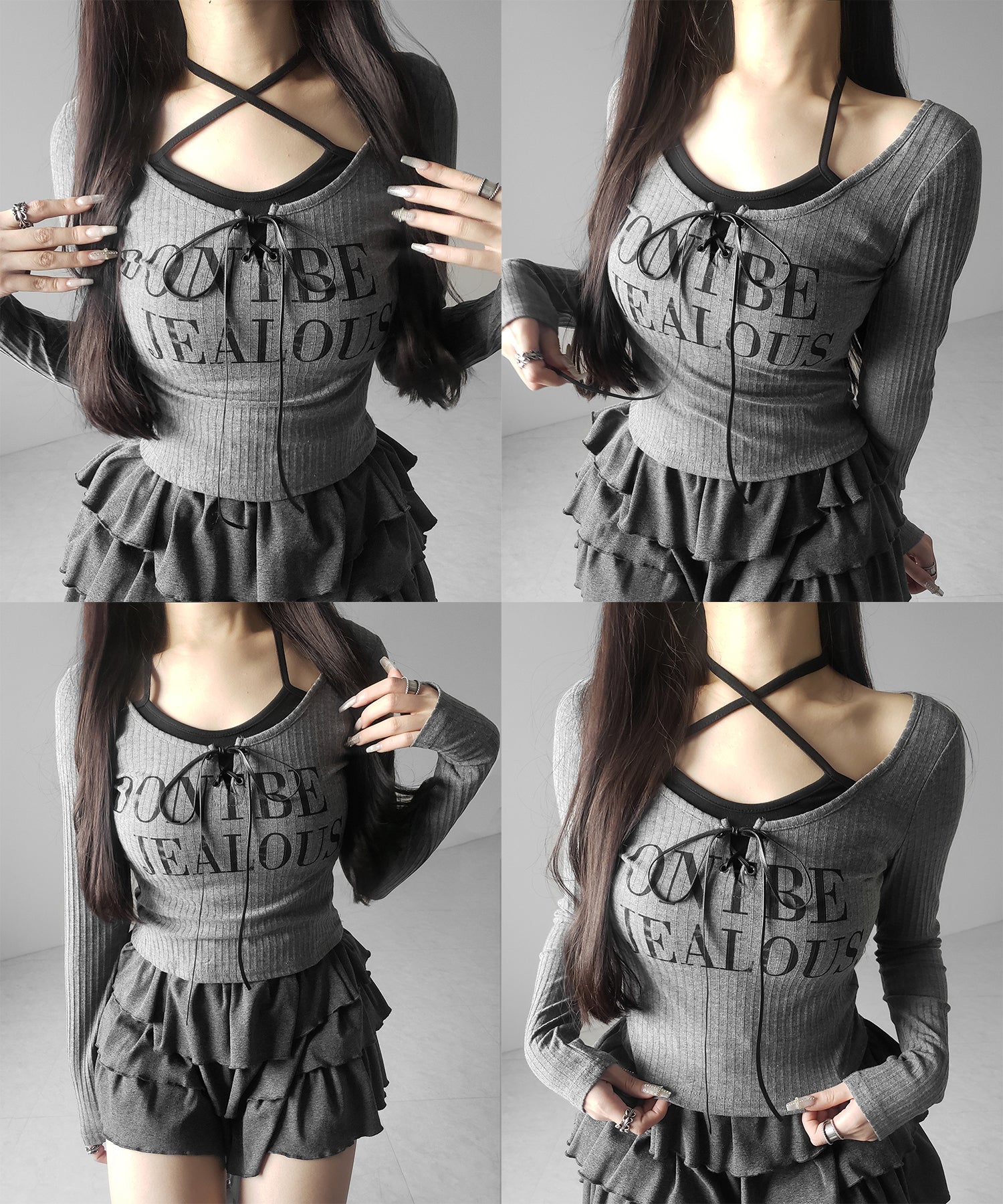 【 クロスネックにできる2WAY 】レースアップフェイクレイヤードロゴカットソートップス / laceup fake layered logo cutsew tops