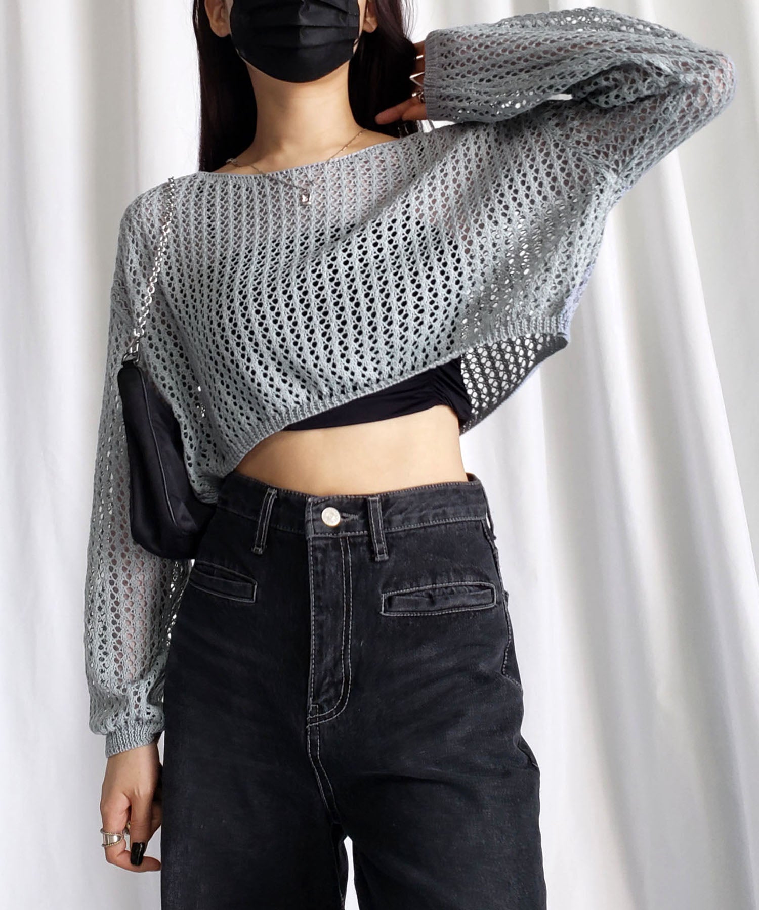 【 7color 】ショート丈メッシュクロシェ透かし編みニット