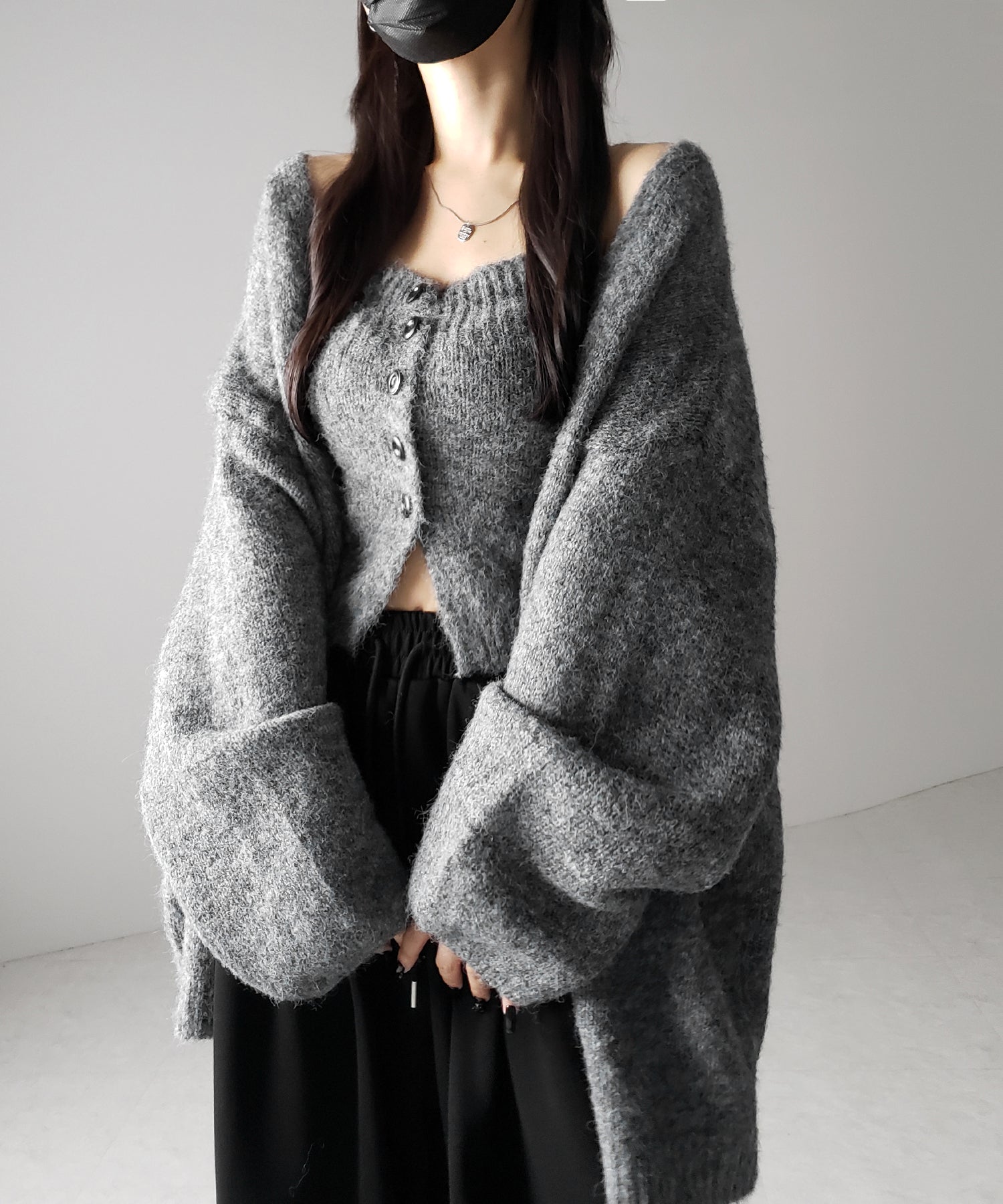 【 新色追加 /2点セット 】ニットボタンビスチェ +ロングカーディガンセット / knit button bustier + long cardigan set