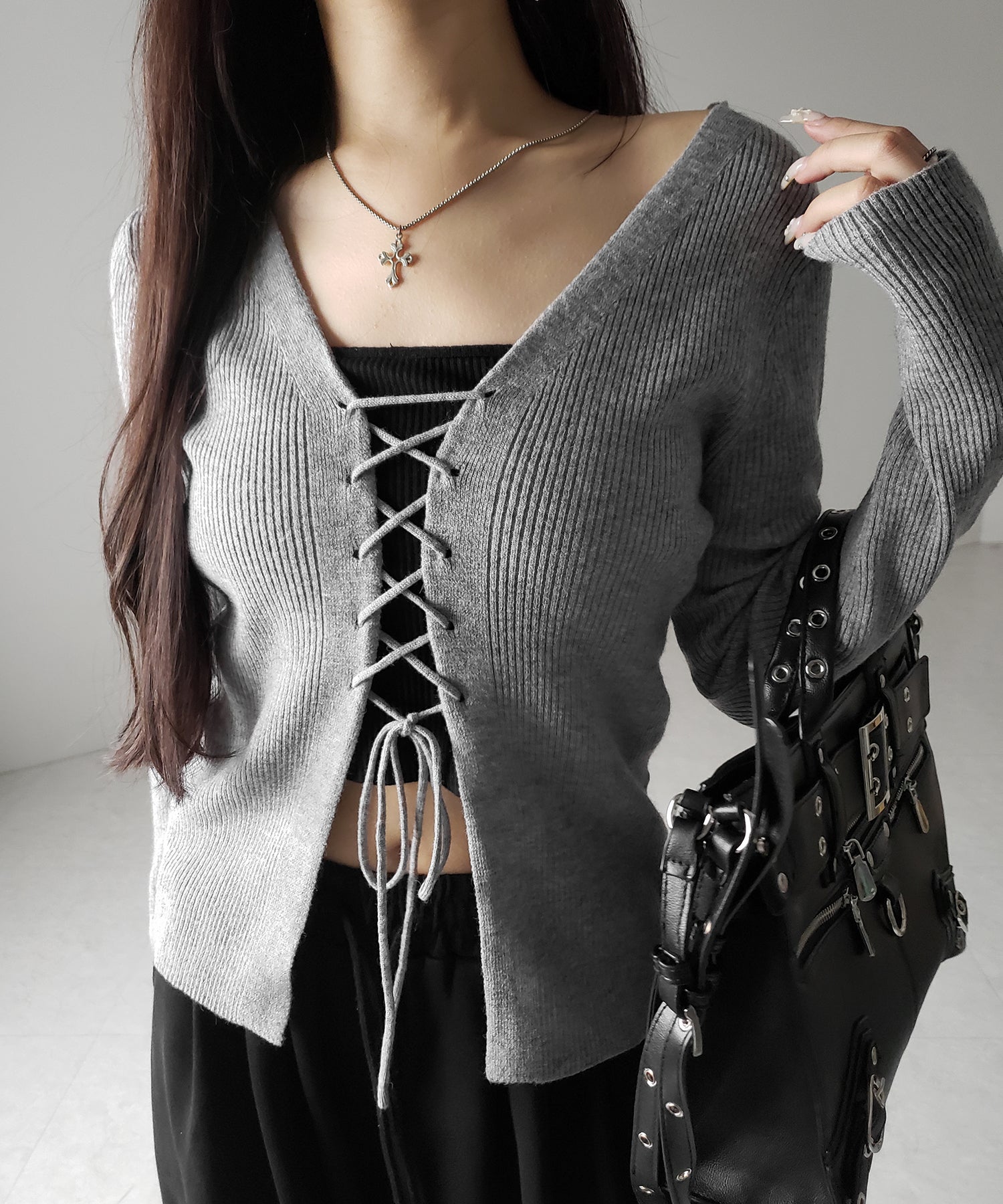 【 3color 】レースアップリボンリブニットカーディガン / lace up ribbon rib knit cardigan