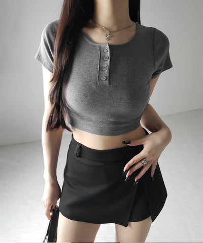 ヘンリーネック半袖ショートリブTシャツ /henley neck short sleeve short lib T-shirt