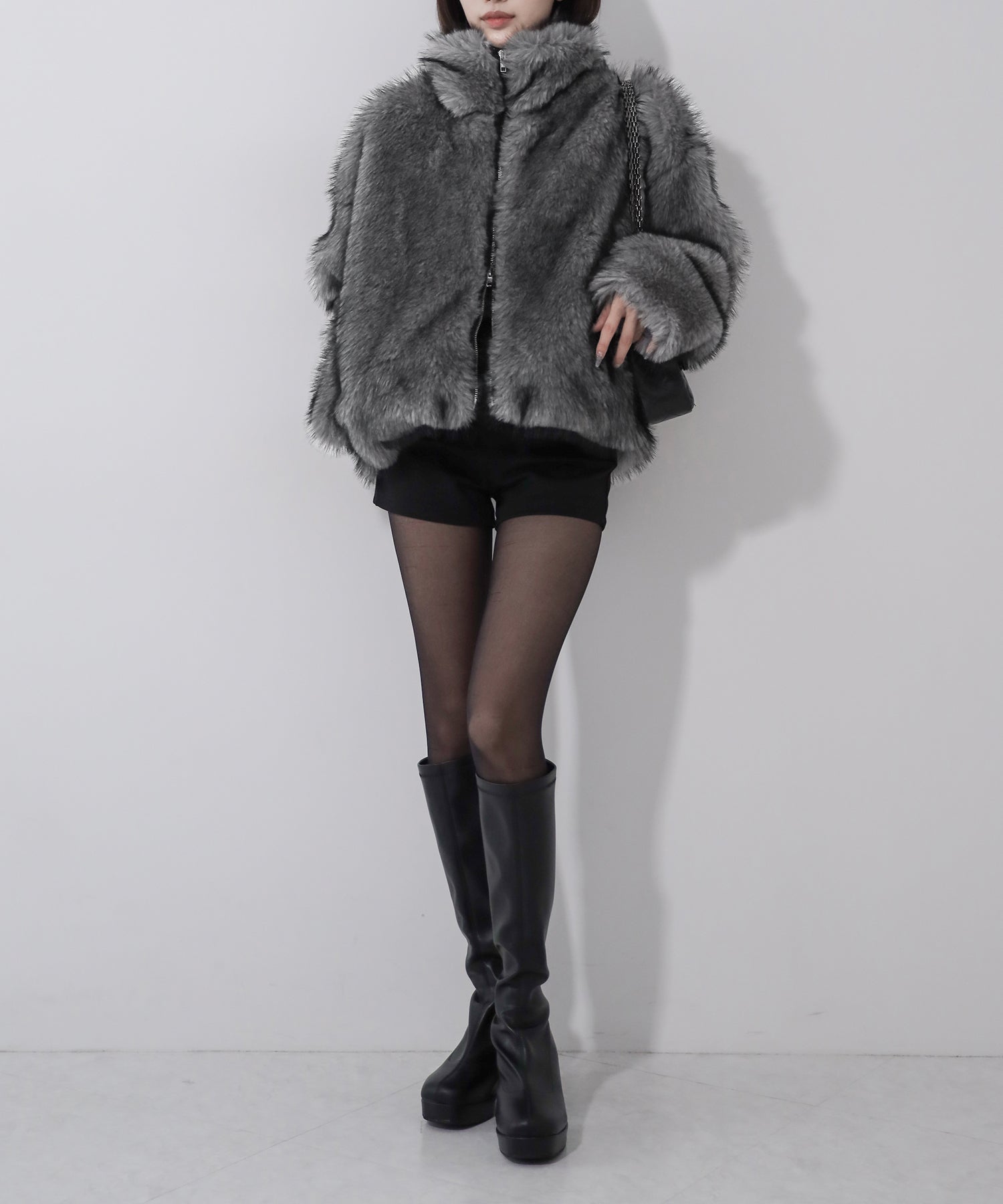 ダブルジップスタンドカラーミックスファージャケット / double zip stand collar mix fur jacket