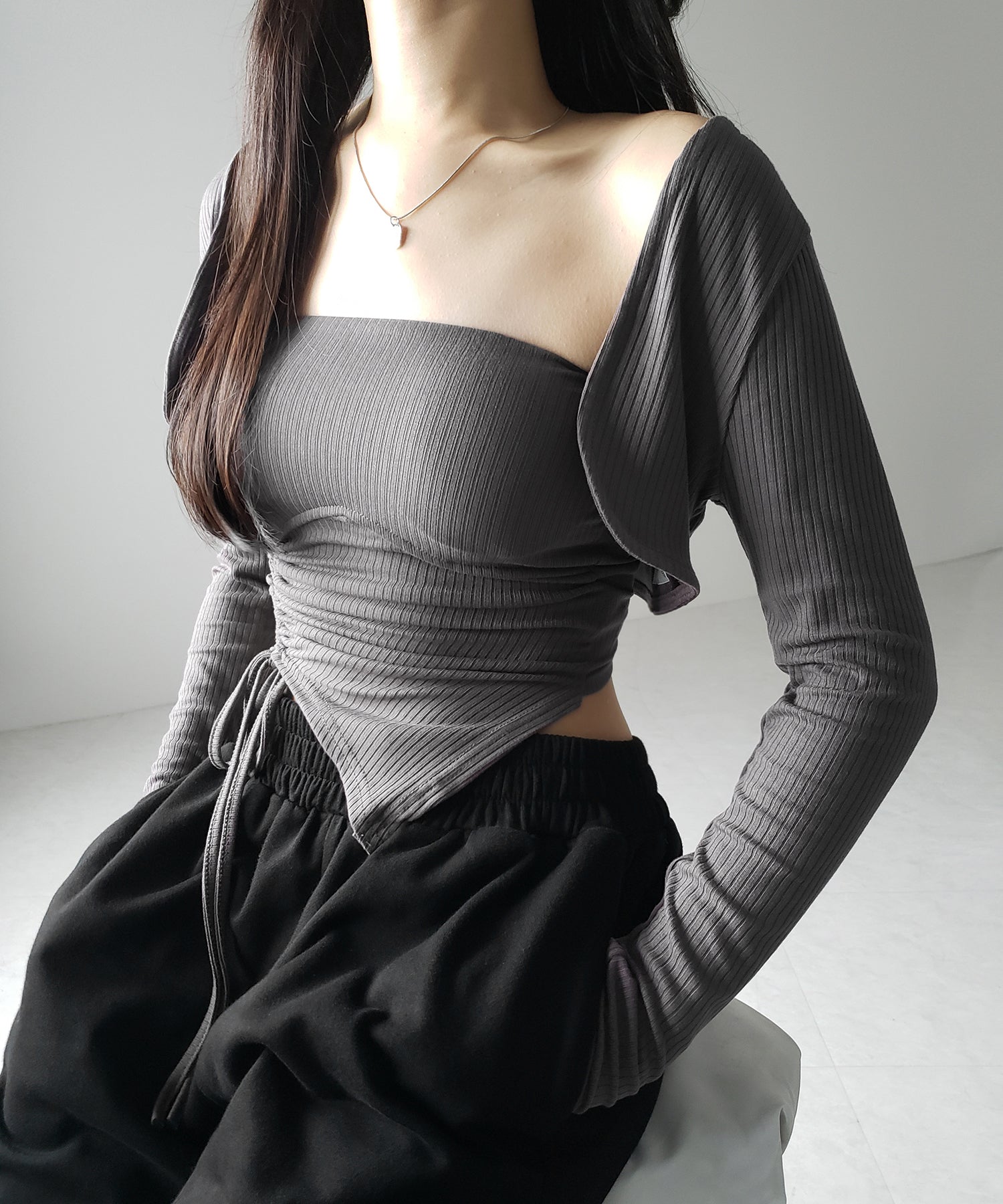 【 2点セット 】シャーリングリボンベアトップス & ショートカーディガン SET / shirring ribbon bare tops & short cardigan SET