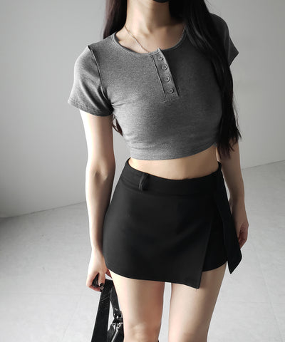 ヘンリーネック半袖ショートリブTシャツ /henley neck short sleeve short lib T-shirt