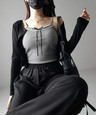 【 カップ付き 】サテンリボンレースリブキャミソール / satin ribbon lace lib camisole