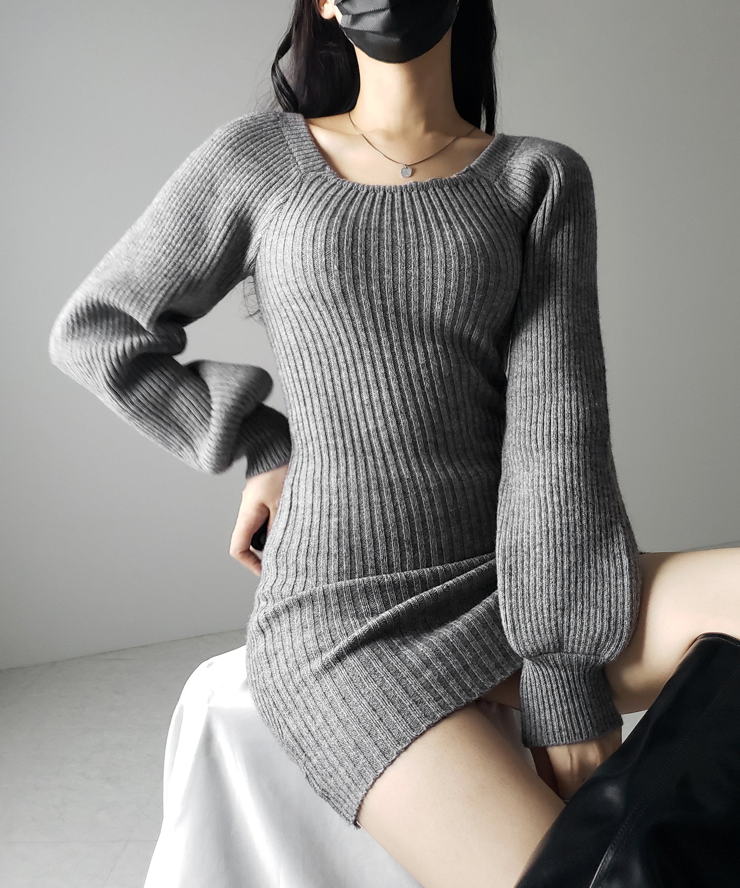 【 2color 】スクエアネックリブニットミニワンピース / square neck rib knit mini one piece
