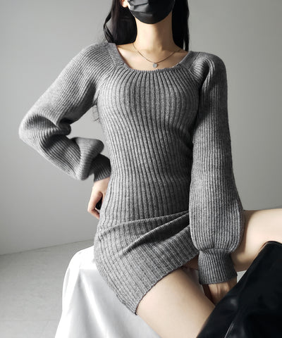スクエアネックリブニットミニワンピース / square neck rib knit mini one piece