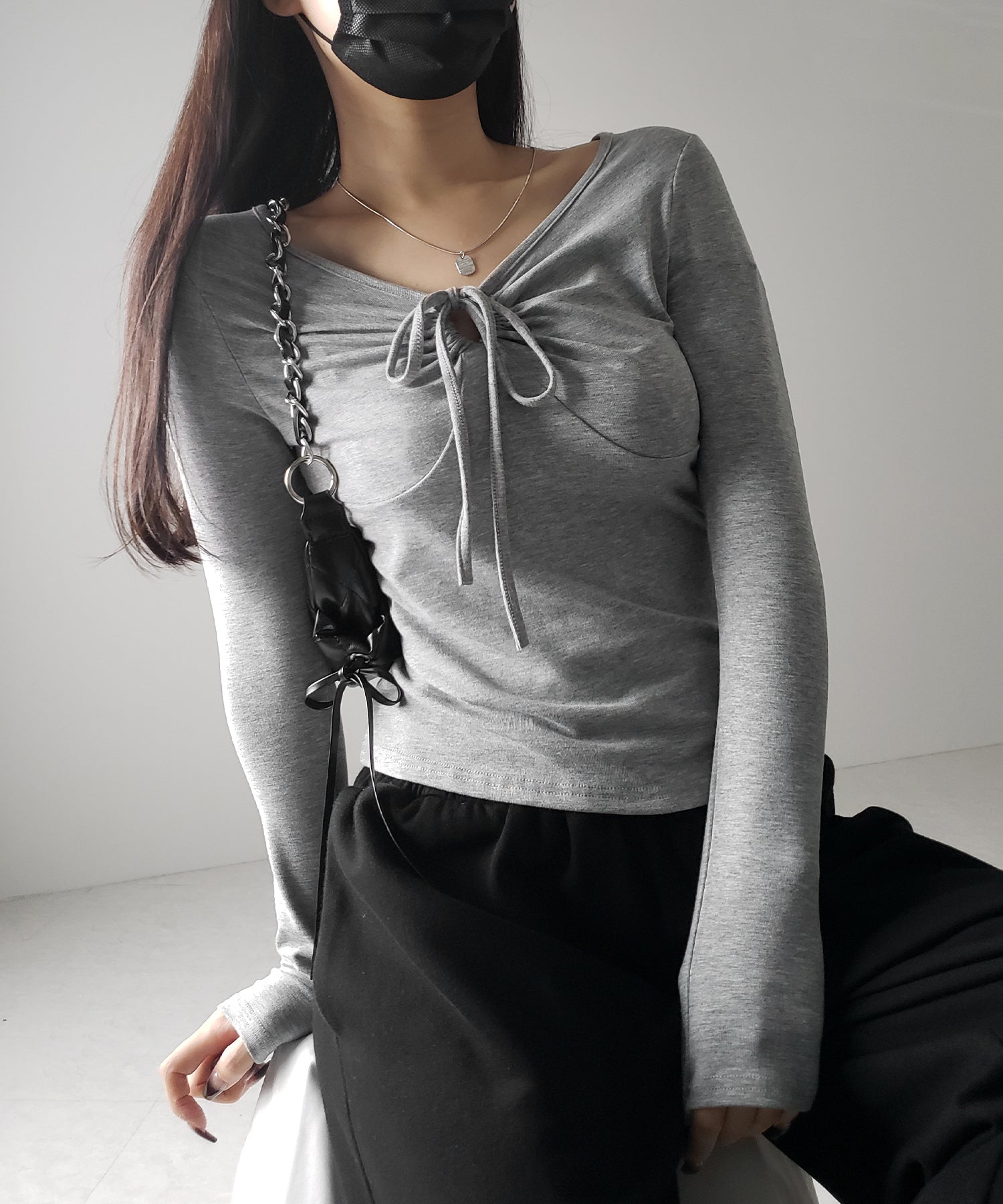 【 3WAY 】クロスストラップリボンギャザーカットソートップス / cross strap ribbon gather cutsew tops