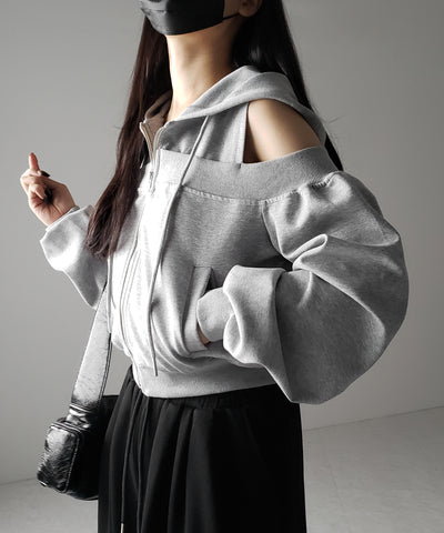 オープンショルダーカットアウトジップアップパーカー / open shoulder cut out zip up hoodie