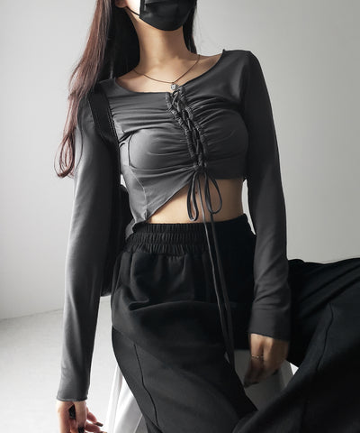 レースアップショートスリムカットソートップス / lace up short slim cut and sew tops