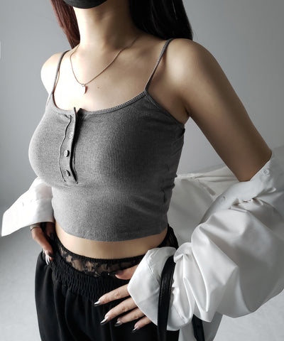 【 カップ付き 】フロントボタンヘンリーネックショートリブキャミソール / front button henry neck short rib camisole