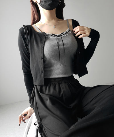 【 カップ付き 】サテンリボンレースリブキャミソール / satin ribbon lace lib camisole