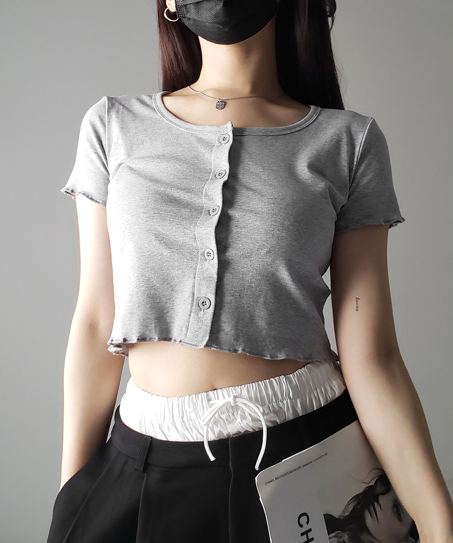 【 3color 】フロントボタン半袖メローショートTシャツ / front button mellow short Tee