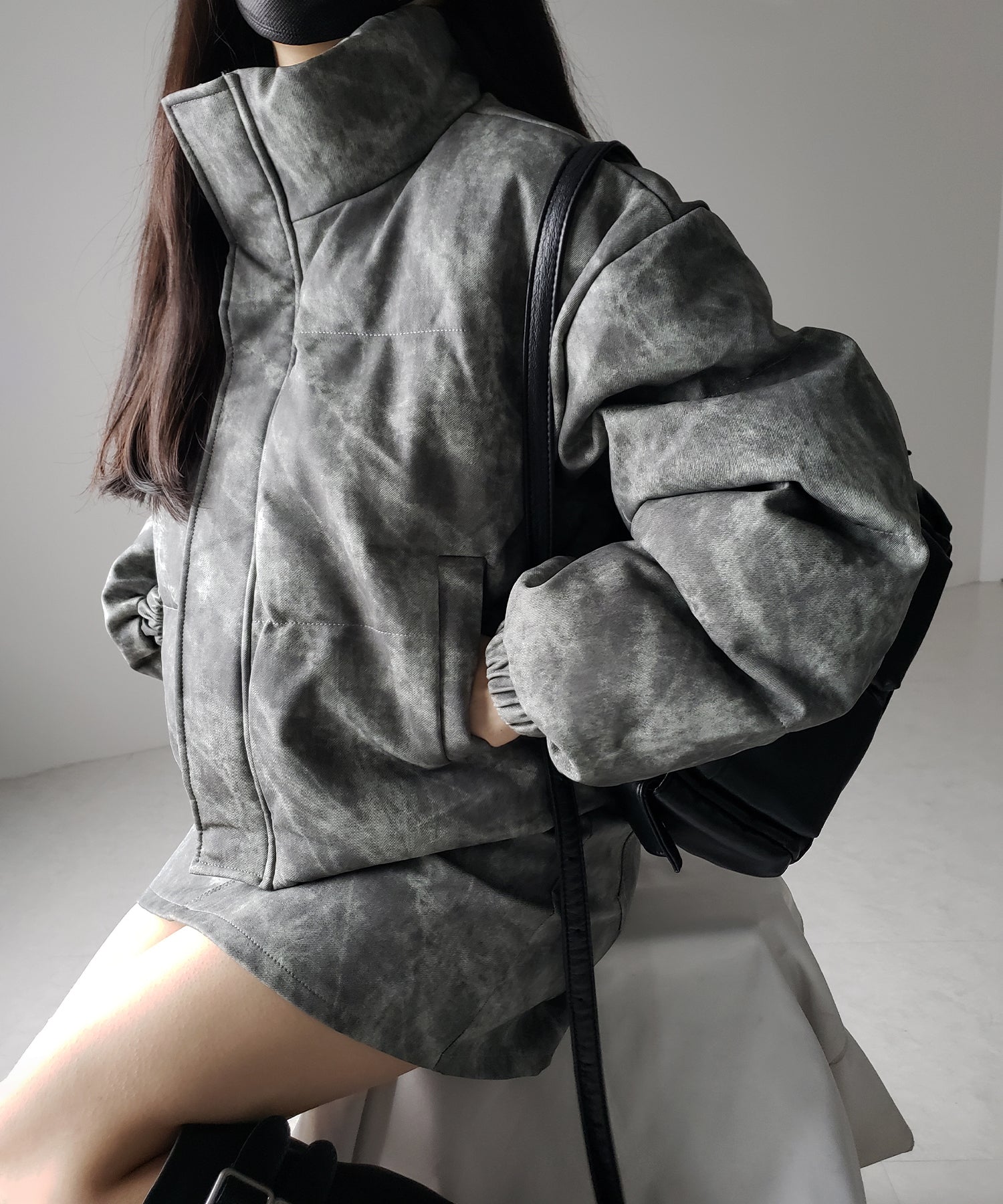 【 セットアップ着用可能 】ヴィンテージライクフェイクレザーショートダウンジャケット / vintage like fake leather short down jacket