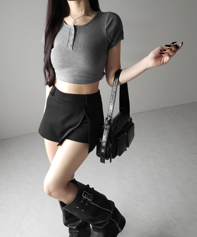 ヘンリーネック半袖ショートリブTシャツ /henley neck short sleeve short lib T-shirt